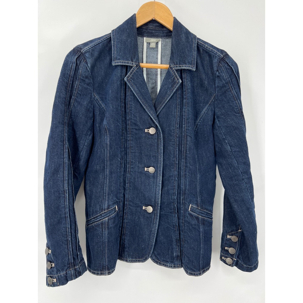 J. Jill Womens 4P Petite Blue Denim Linen Blend Blazer Jacket Peplum Dark‎ Wash